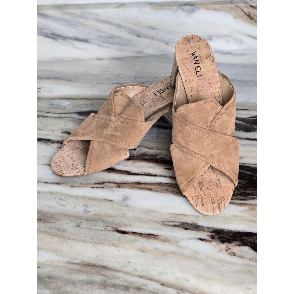 Vaneli Tan Suede Criss Cross Cork Block Heel Slide Sandals Womens‎ 9.5M
